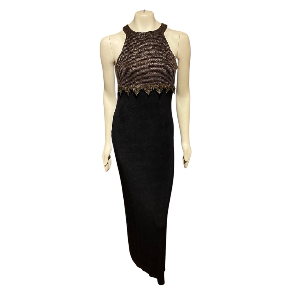 Vtg All That Jazz Dress Vintage 90s Black And Gold Liquid Knit Bodycon Maxi 9/10